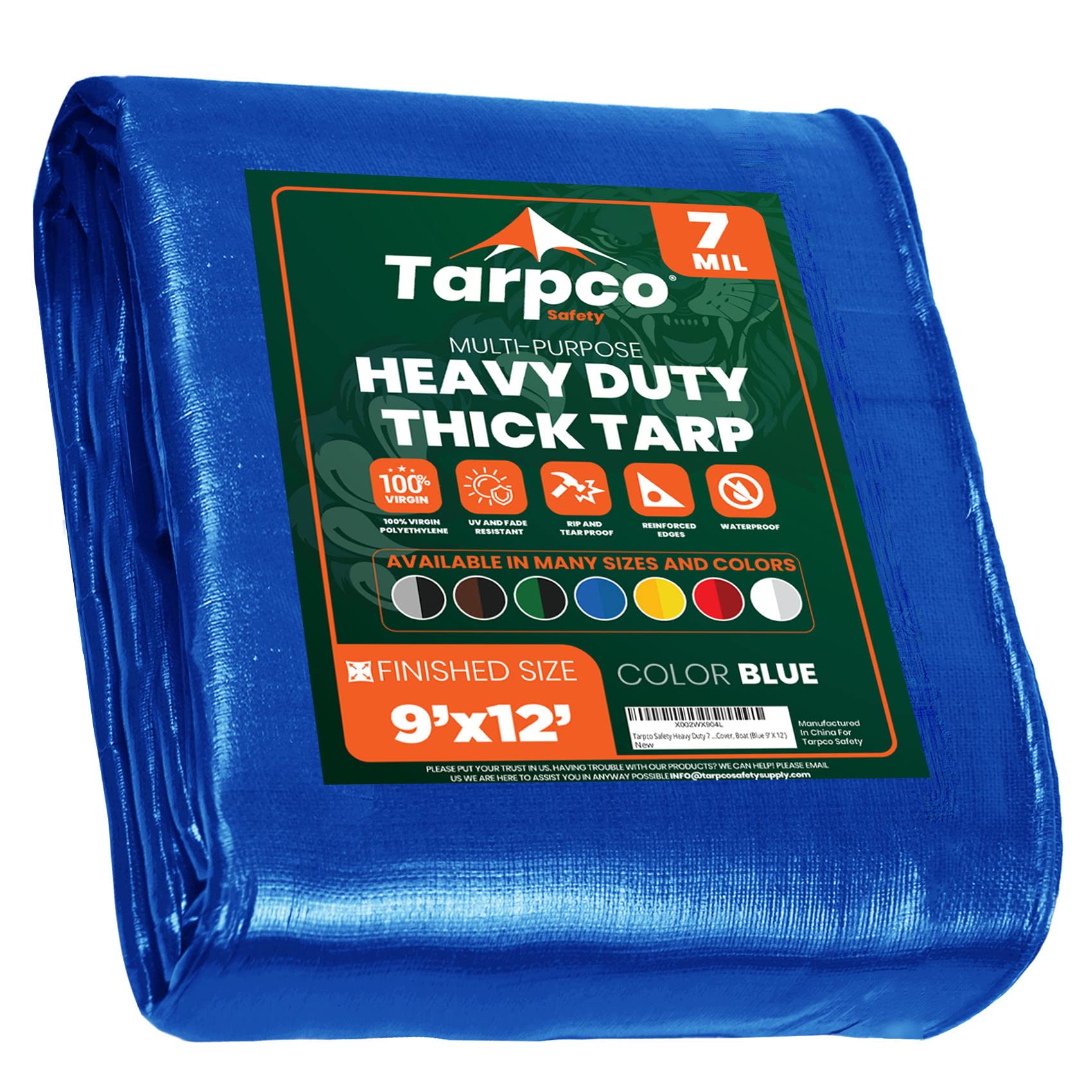 Tarpco Safety - Tarpaulin Waterproof Heavy Duty(130 g/m²|9′ X 12′ | 2.75m X 3.65m|Blue-7 Mil) UV Resistant, Tear Proof, Protective Poly Tarpaulin with Reinforced Edges for Multi-purpose usage