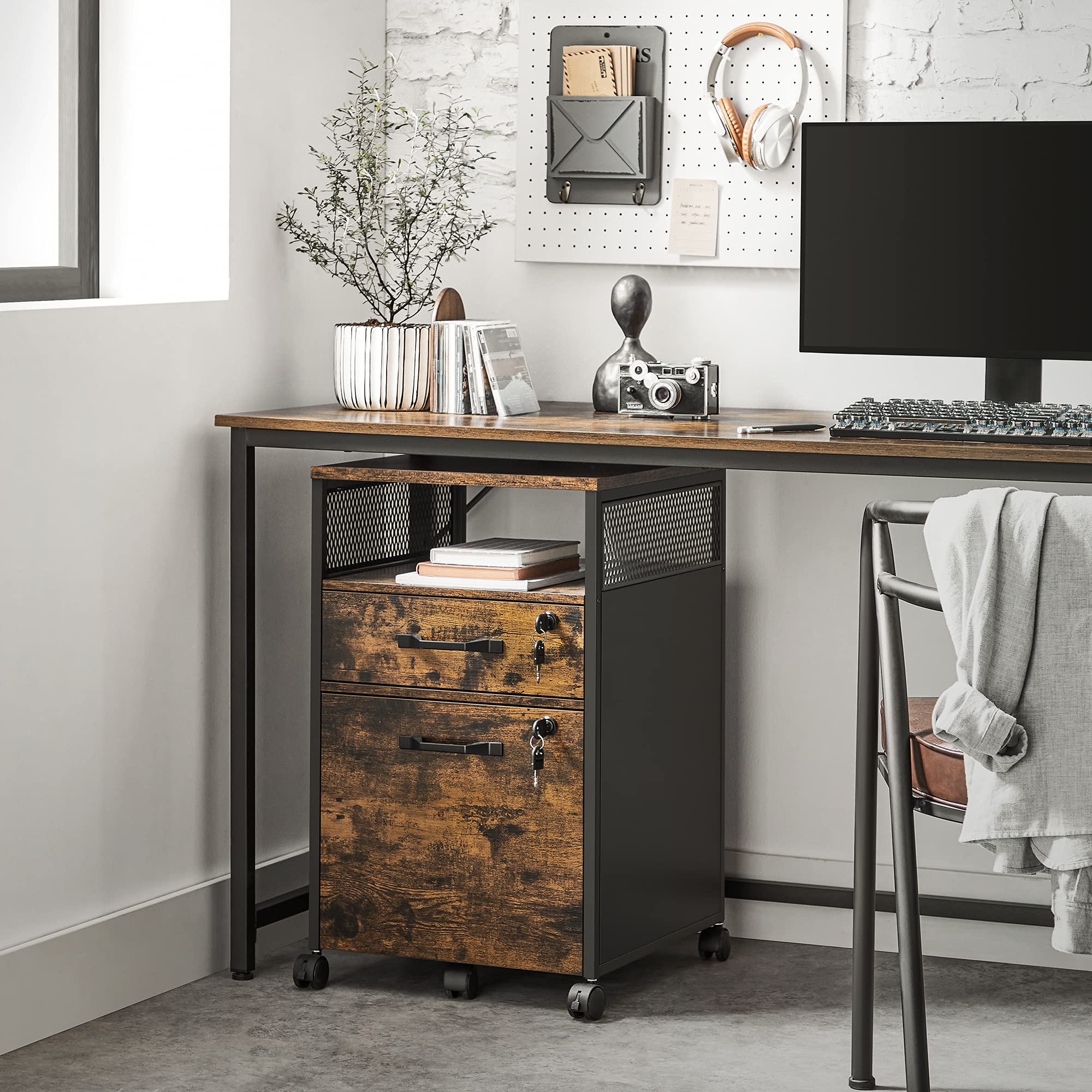 VASAGLE File Cabinet, Mobile Filing Cabinet on Wheels, for Home Office, 2 Lockable Drawers, for A4, Letter-Size Hanging File Folders, Open Shelf, Steel Frame, Rustic Brown and Ink Black UOFC077B01