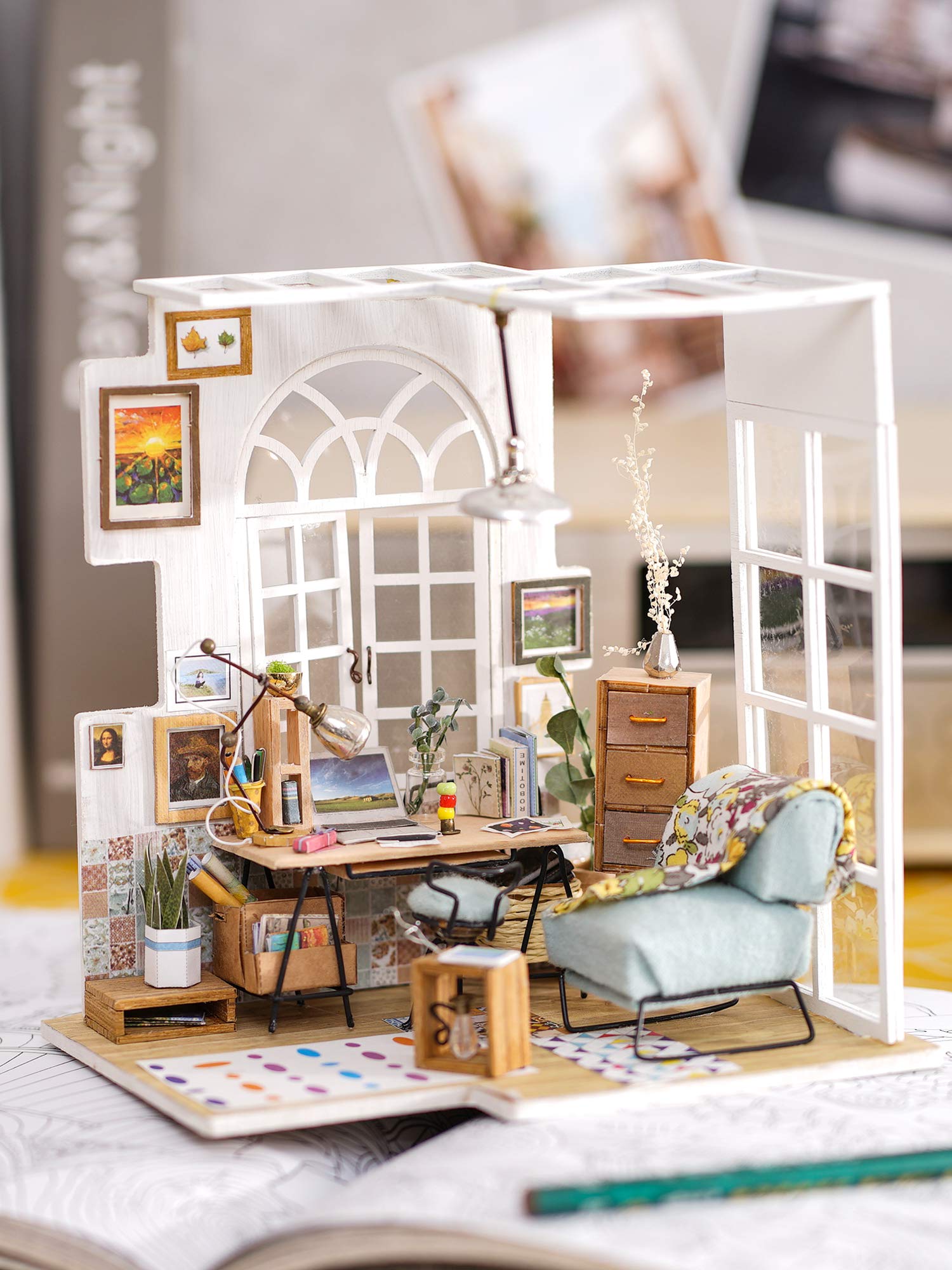 ROBOTIME Miniature Dollhouse Kit Decorations with Lights and Furnitures DIY House Craft Kits (SOHO TIME)