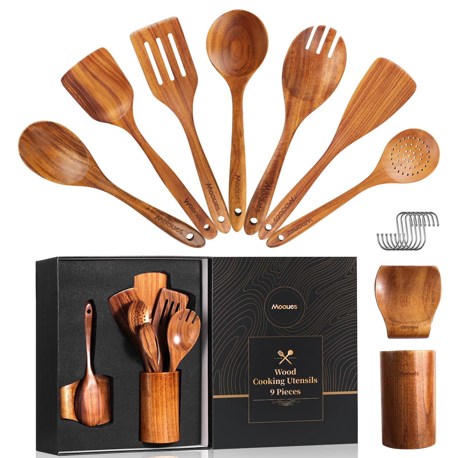 Wooden Spoons for Cooking, 9 PCS Teak Wood Cookware Utensil Set - Smooth Finish, Non-Stick, Comfortable Grip, Heat Resistant Kitchen Utensils Gift Box Image