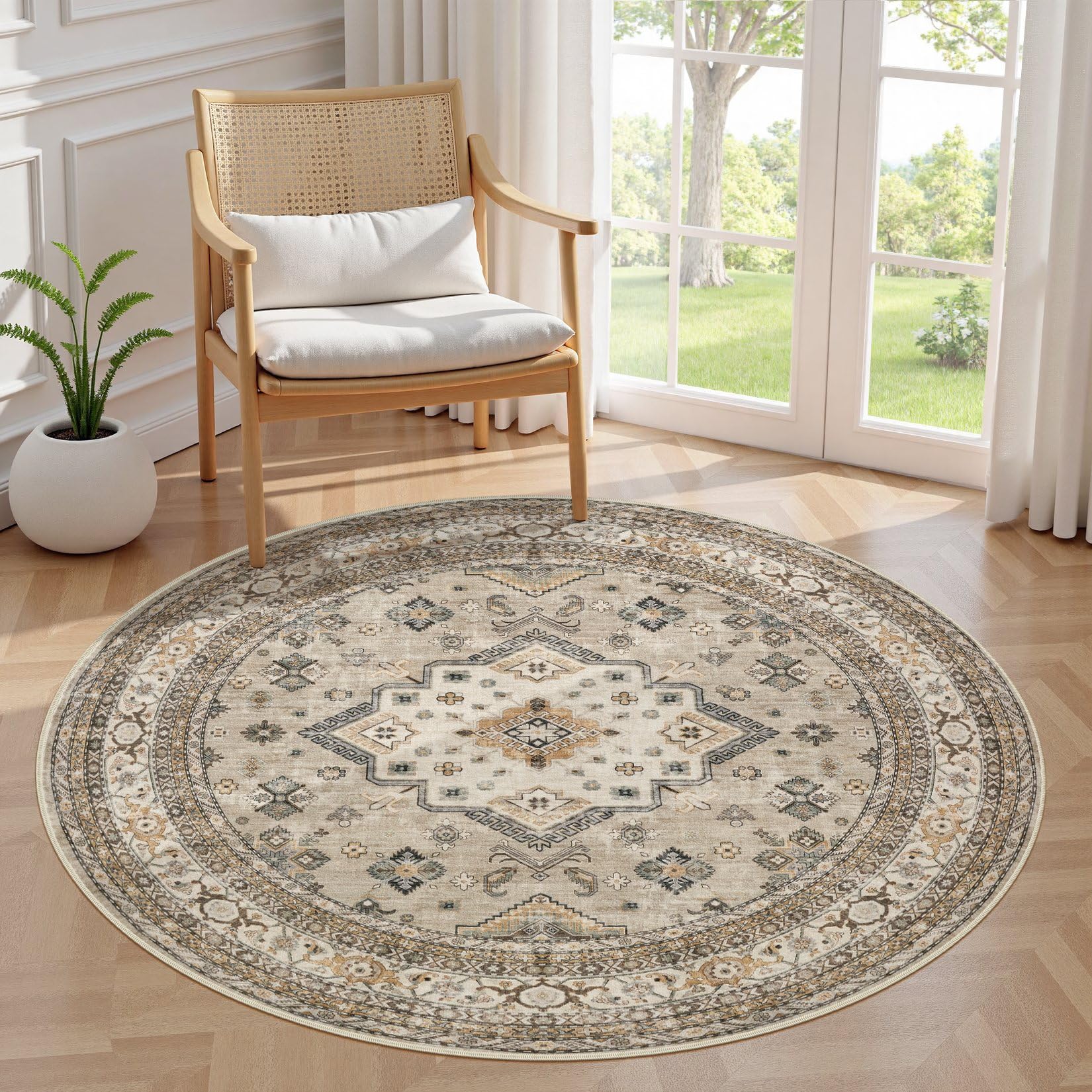 Photo 1 of 5ft Round Vintage Living Room Area Rug - 5x5 Large Soft Washable Oriental Traditional Distressed Farmhouse Rugs for Bedroom - Indoor Floor Accent Carpet for Home Office House Decor - Beige
