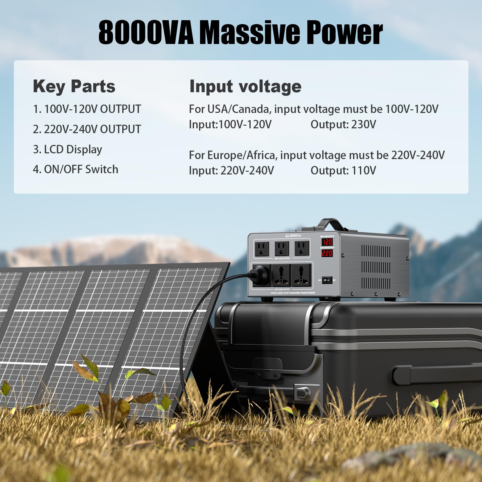 8000W Voltage Auto Converter Transformer, Heavy Duty Step Up/Down Power Converter 110/120/220/240V with 3 US Outlets,3 Universal Outlets,LED Display,w/US Standard Power Cord Circuit Breaker Protection