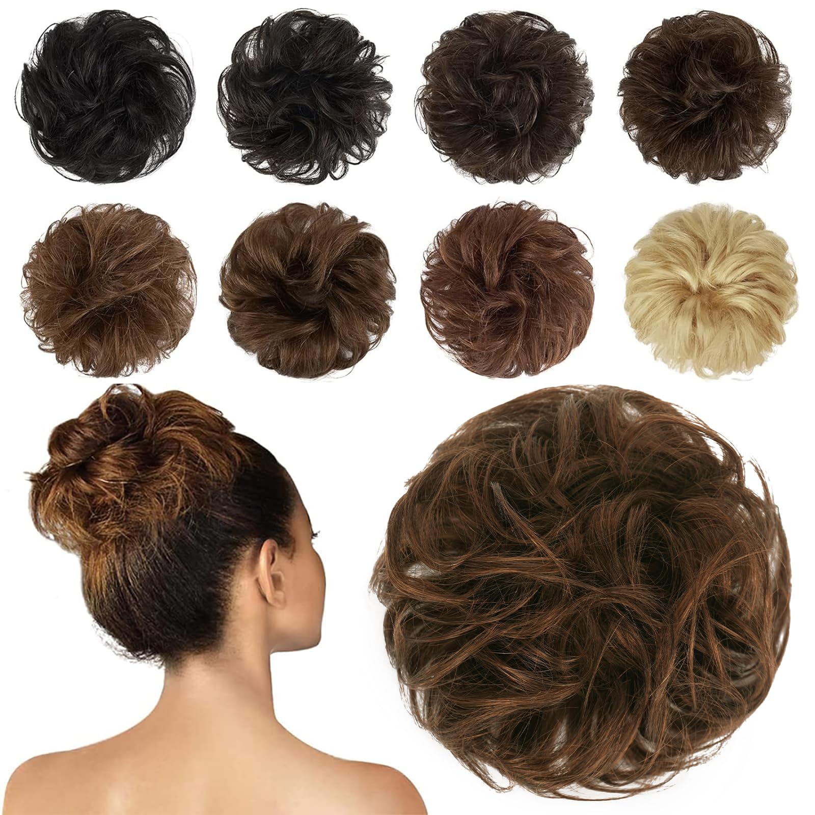 Photo 1 of FESHFEN Human Messy Buns - 100% Human Hair Bun Real Scrunchies Hair Pieces Ponytail Extensions Wavy Tousled Updo Chignon Hairpieces for Women?Chocolate Light Brown
