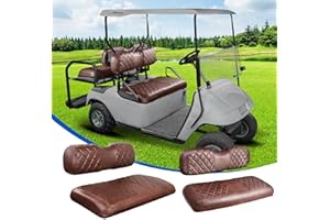 NOKINS 4PCS Golf Cart Diamond Seat Covers Kit, Front&Rear Seat Covers Fits EZGO TXT 1994-2013/EZGO RXV Standard Seat Cushion, EZGO Vinyl Seat Cover Accessories, No Staples(Brown Brown 8438)