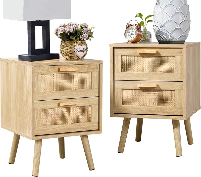 Finnhomy Bedside Tables Set of 2 with Rattan Drawers Natural Finish