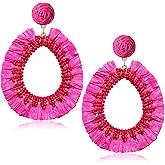 Beaded Dangle Earrings Raffia Earrings for Women Boho Statement Teardrop Beaded Tassel Earrings Handmade Geometric Earring Summer Beach Jewelry Gifts