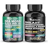 Peakhealth Shilajit Sea Moss Black Seed Oil Ashwagandha Capsules for Man Woman,2 Bottle Combo with Turmeric, Panax Ginseng, Rhodiola,19,445mg Herbal Formula,Energy & Immune Support, 60 Capsules