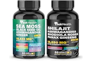 Peakhealth Shilajit Sea Moss Black Seed Oil Ashwagandha Capsules for Man Woman,2 Bottle Combo with Turmeric, Panax Ginseng, Rhodiola,19,445mg Herbal Formula,Energy & Immune Support, 60 Capsules