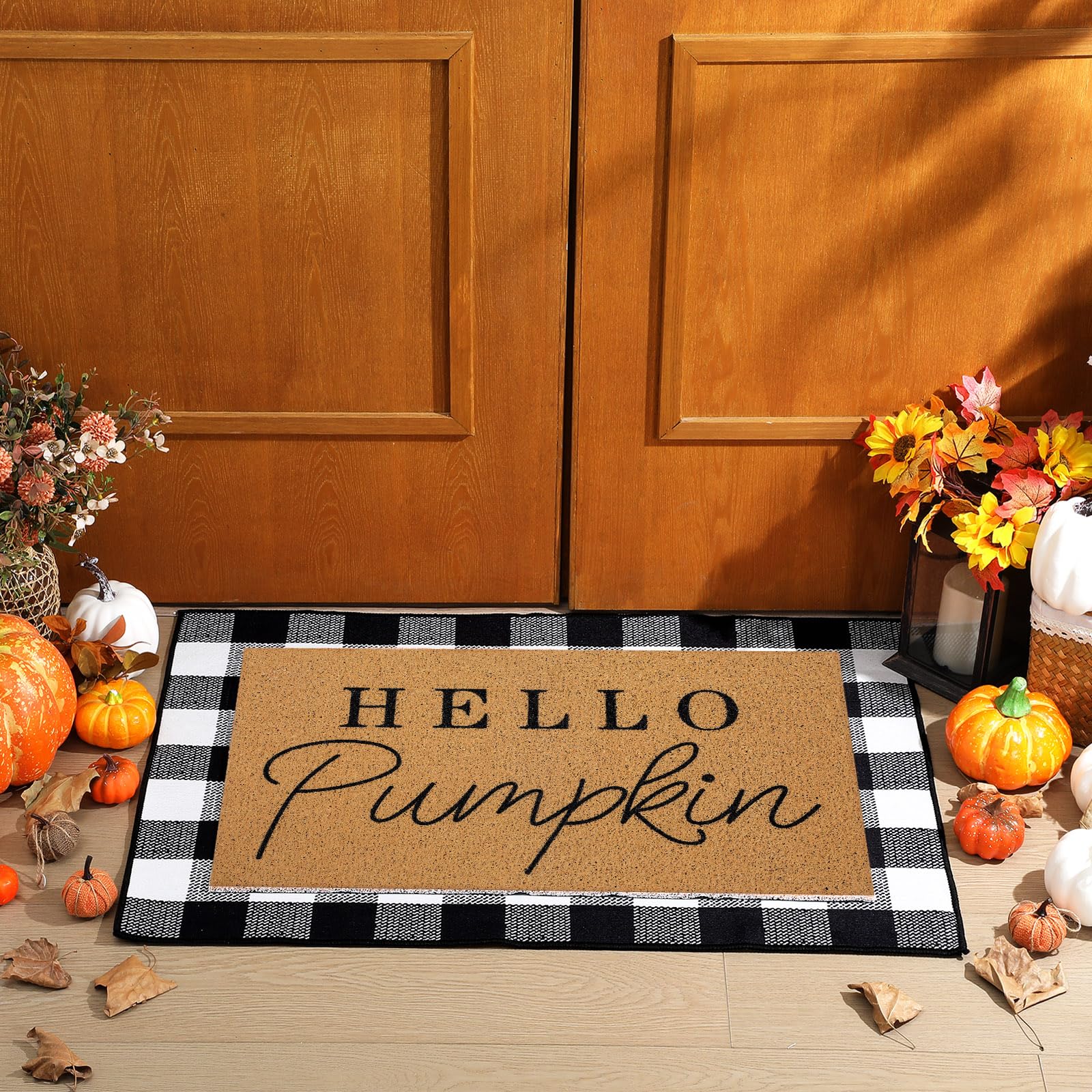 Photo 1 of Tinideya 2 Pcs Fall Door Mat Hello Pumpkin Welcome Non Slip Coir Mats Thanksgiving Black White Plaid Harvest Floor Layering Doormats Seasonal for Front Porch Entryway Decor(Black White Plaid)