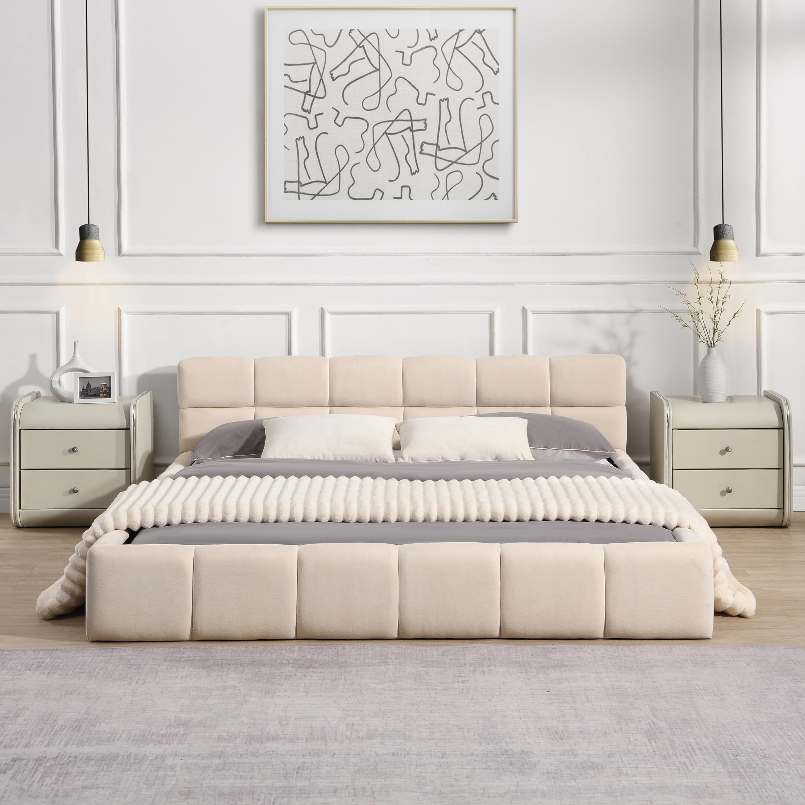 Photo 1 of ****MISSING BOX 1/2*******Merax Queen Size Upholstered Bed with Checkerboard Design, Wood Bed Frame and Elegant Beige Chenille Finished for Living Room, Bedroom and Guest Room