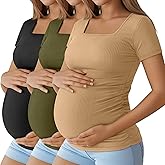Huukeay 3 Pack Women's Maternity Shirt Ribbed Cotton Short Sleeve Maternity Top Square Neck Side Ruched Summer Pregnancy Tees