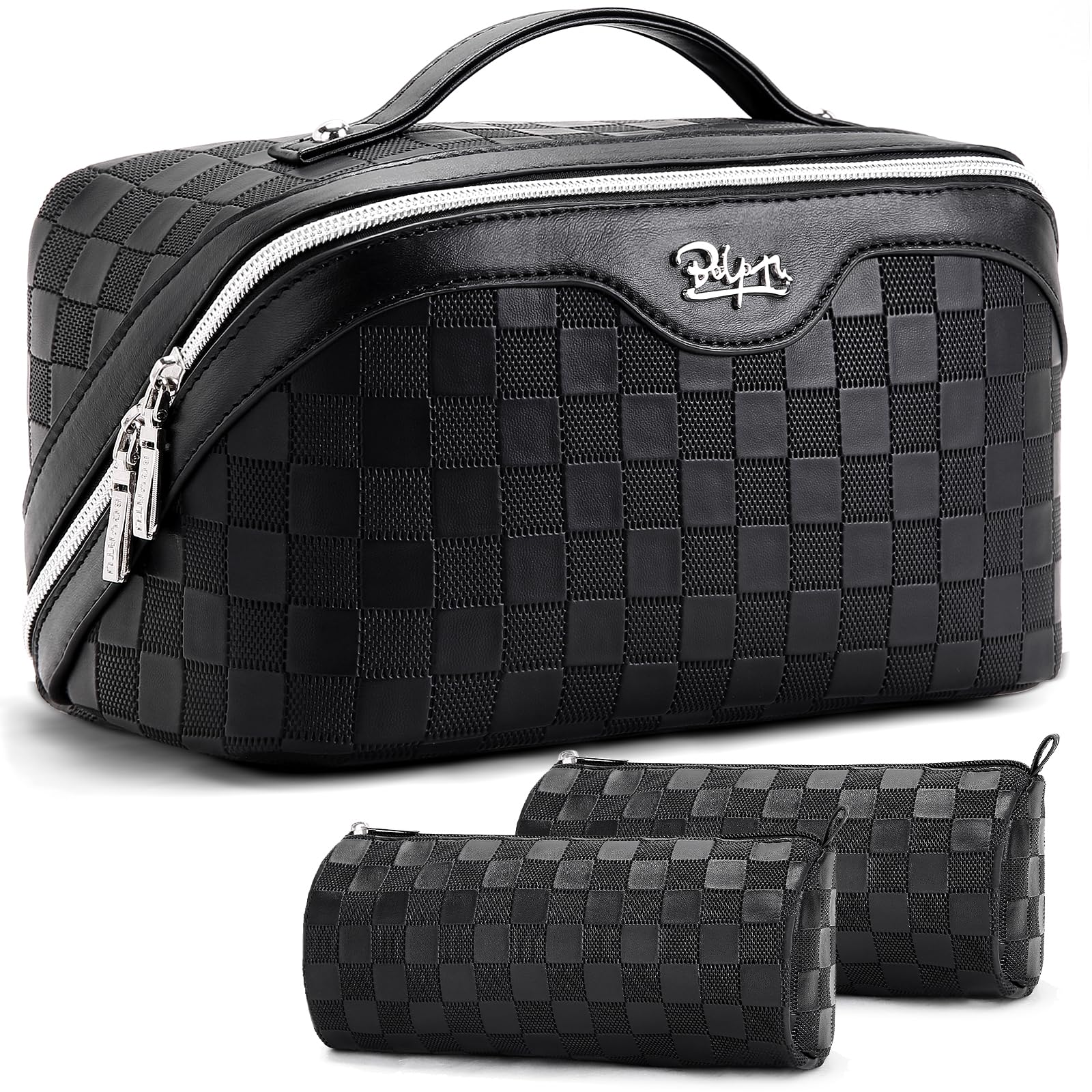 Photo 1 of BOYATU Travel Makeup Bag Organizer Cosmetic Bag: 3 Pcs Set Make up Bags for Women with Handle - Waterproof Vegan Leather Toiletry Bags Travel Essentials Pouch with Compartments (01-Black)