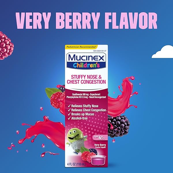 MUCINEX CHILDREN’S STUFFY NOSE & CHEST CONGESTION, MULTI-SYMPTOM RELIEF, EXPECTORANT, NASAL DECONGESTANT, VERY BERRY FLAVOR, 4 FL OZ