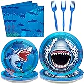 24 Guests Shark Theme Party Decorations Under the Sea Party Tableware Set Shark Baby Shower Plates Napkins and Forks Ocean Birthday Table Decorations Supplies 96Pcs