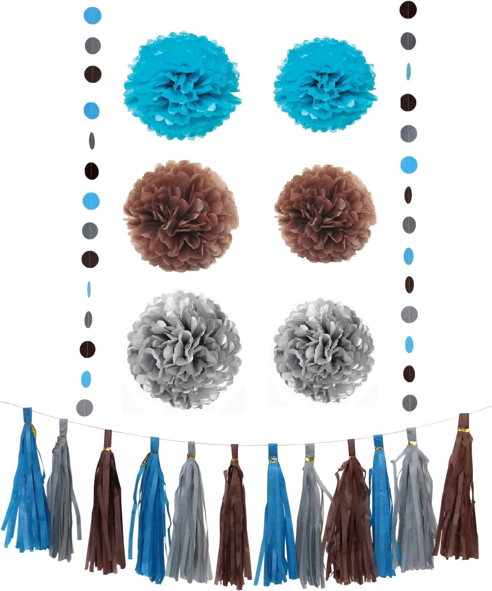 Blue Brown Grey Party Decor , Tissue Paper Pom Pom, Tassel Garland, Circle Garland Decoration Set, Baby Boy Showers, Boy First Birthday Decorations & Nursery decorations
