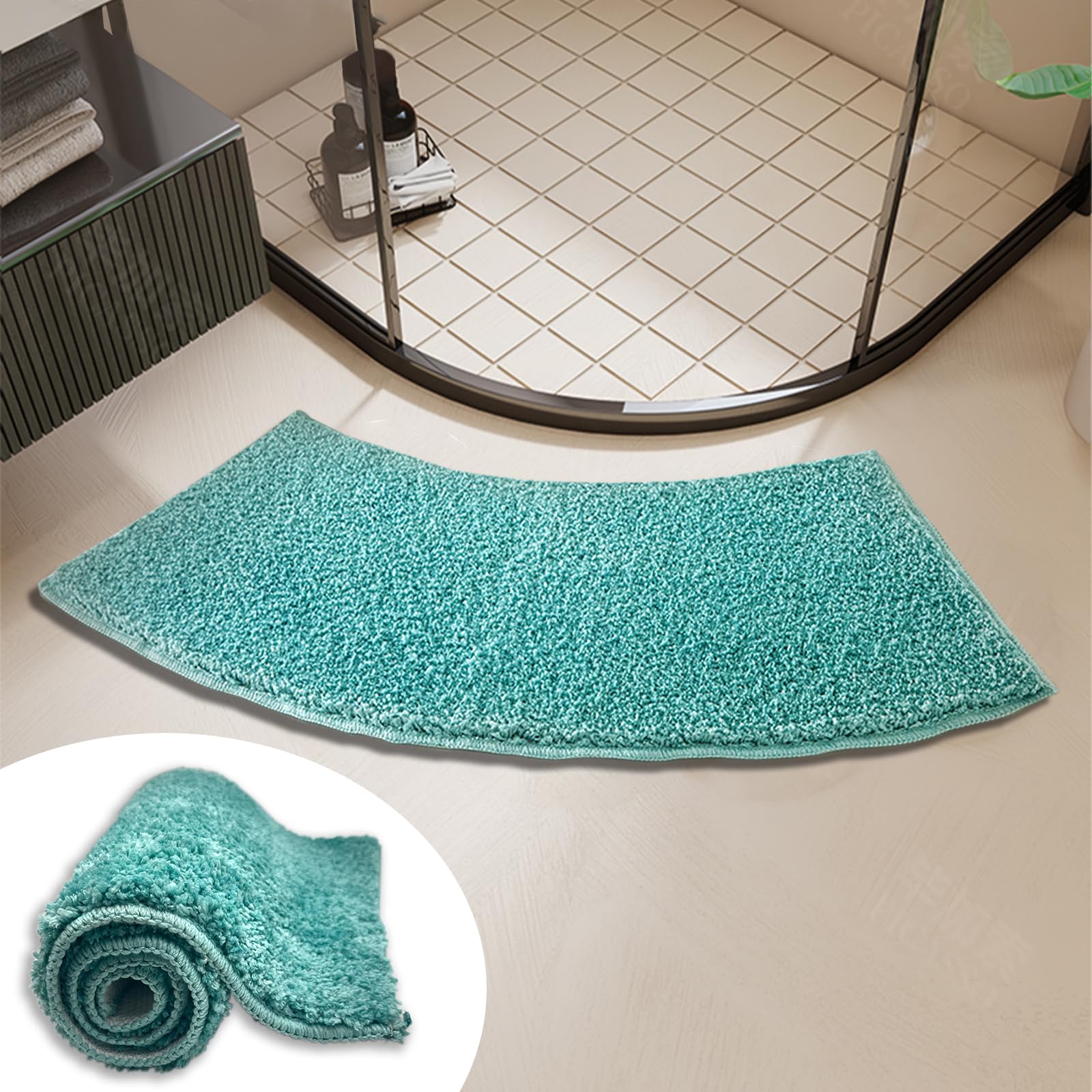 Curved Shower Mat 100x40cm,Curved Corner Shower Bath Mat,Soft Fluffy Anti Slip Bathroom Rugs,Absorbent Fanned Bathmat Carpet For Hotel Home Shower Bathtub Floor Decor Machine Washable