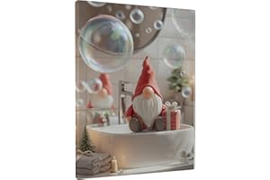 Christmas Gnome Bubble Canvas Wall Art, Red Green Festive Holiday Decor, Winter Fanciful Bath Wall Art for Living Room, Bedro