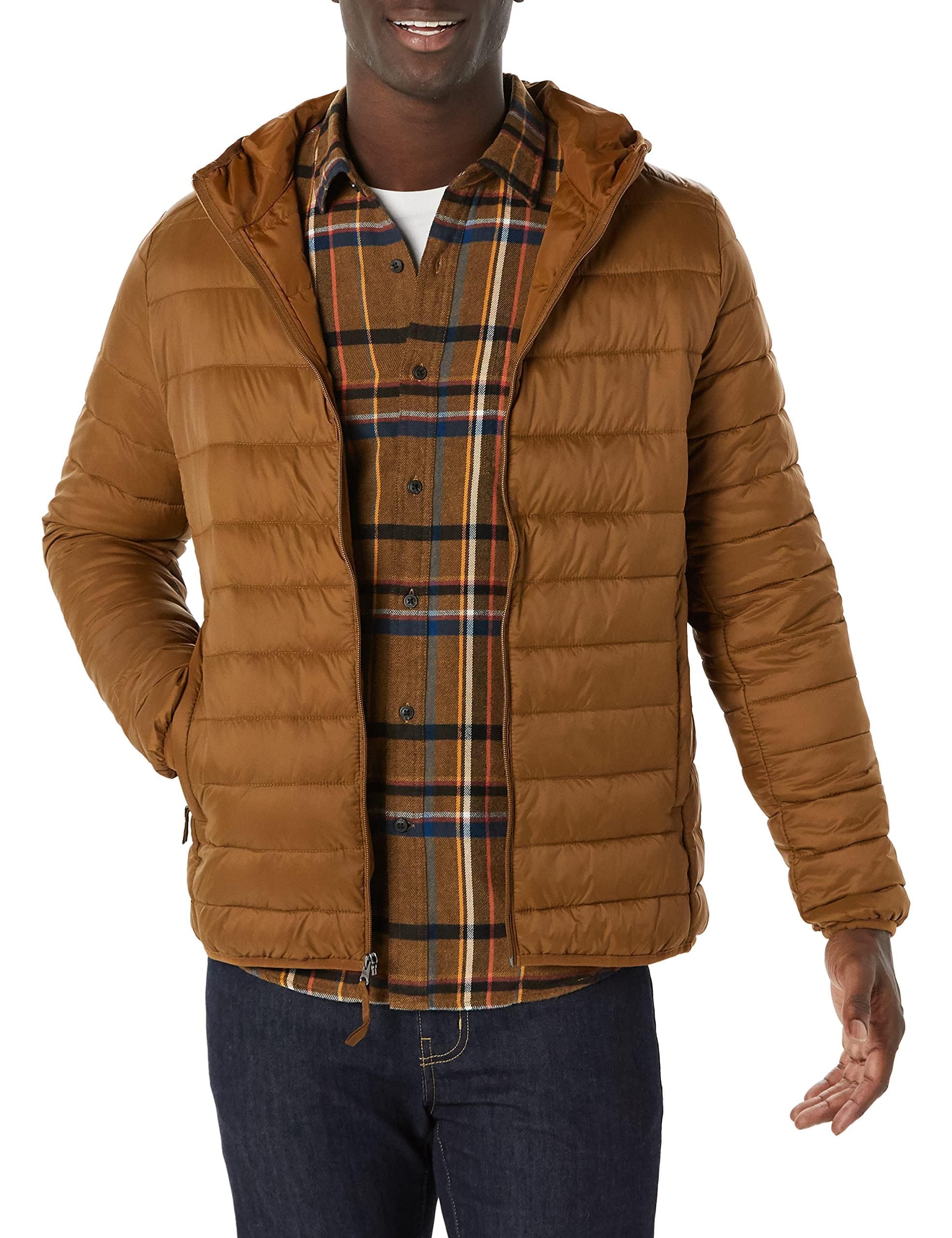 Photo 1 of Amazon Essentials Men's Lightweight Water-Resistant Packable Hooded Puffer Jacket, Light Brown, Large