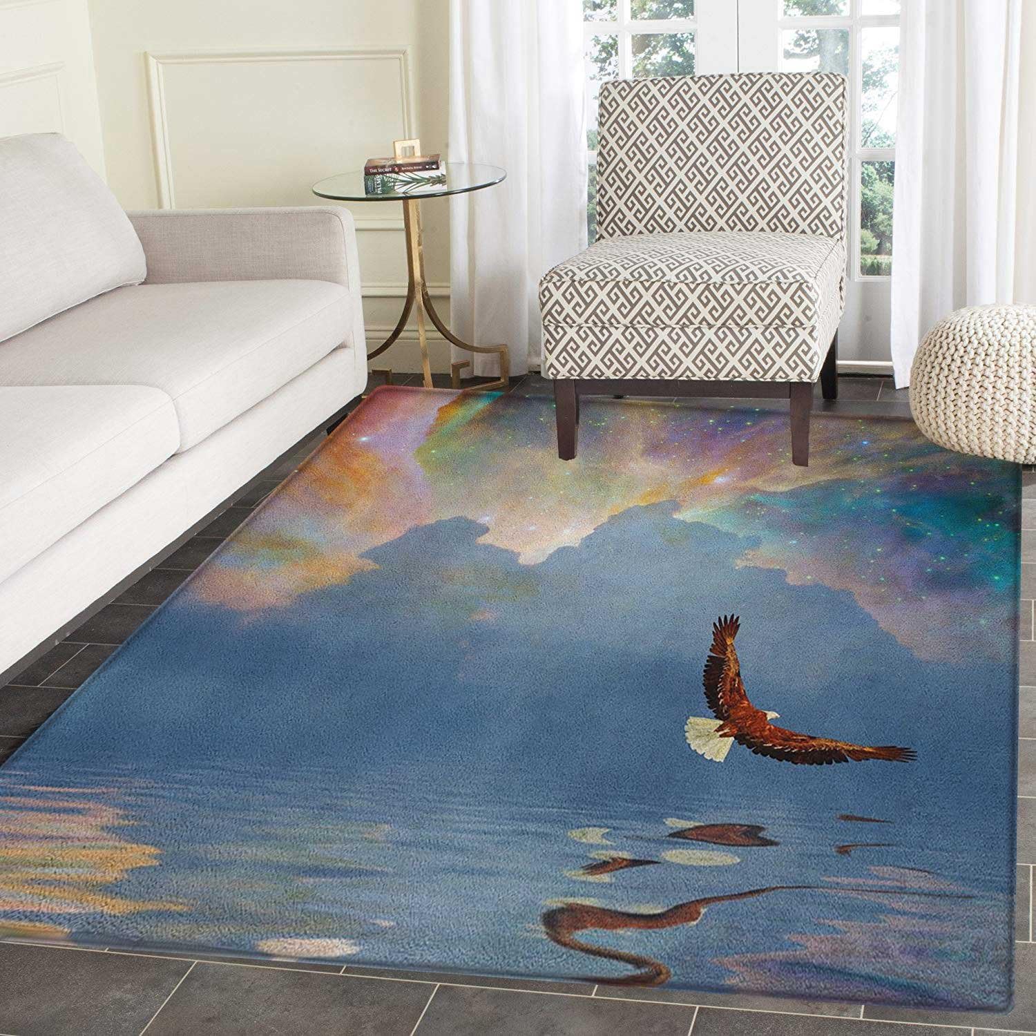 Amazon Com Eagle Rug Kid Carpet Majestic Huge Bird Flying Above The Sea Into The Starry Sky Freedom Themed Image Home Decor Foor Carpe 4 X6 Multicolor Kitchen Dining