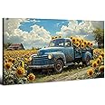 Farmhouse Truck Wall Art Sunflower Bathroom Decor Rustic Barn Canvas Prints Picture Vintage Yellow Floral Painting Country Wildflower Poster Artwork for Bedroom Living Room Home Decoration 20x40”