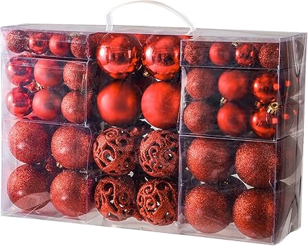 YOBON 100PCS Christmas Ball Ornaments Set, Assorted Shatterproof Christmas Baubles for Christmas Tree, Christmas Tree Hanging Ornaments Decoration with Portable Gift Box Packaging (Red)