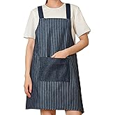 fibrosafe Kitchen Apron for Women With Pockets, Blue Striped Cotton Apron for Cooking Gardening Cleaning
