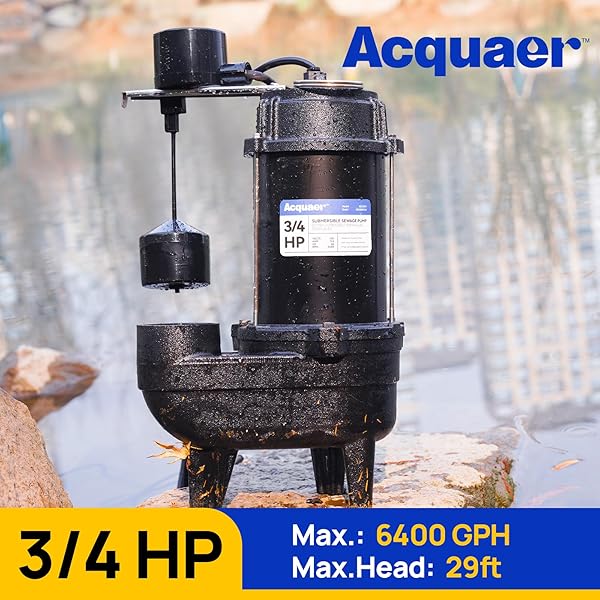 ACQUAER SEWAGE PUMP SUBMERSIBLE WATER PUMP WITH AUTOMATIC FLOAT SWITCH, FOR SUMP BASIN, RESIDENTIAL SEWAGE, 3/4 HP 6400 GPH SEWAGE PUMP WITH VETICAL FLOAT 2” NPT