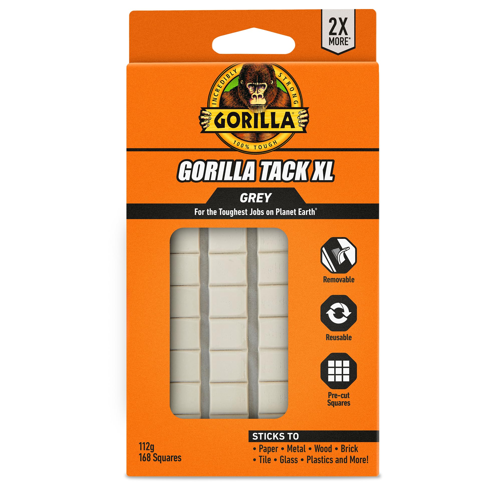 Gorilla Tack, 112g - Low Residue Tack for Indoor & Outdoor Application | Reusable, Removable Tack for Hanging Lightweight items and Arts & Crafts | 168 Pre-Cut Squares, Grey