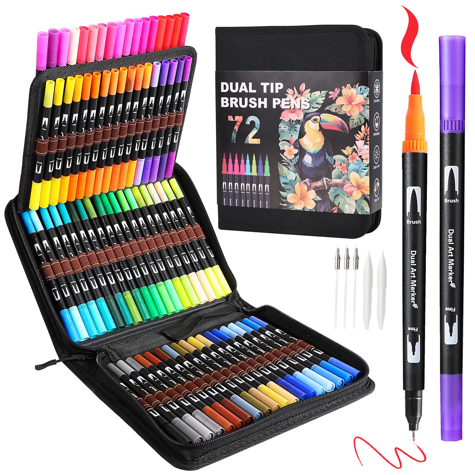 Photo 1 of Dual Tip Markers, Double Brush Art Markers Set with Fine Tip and Brush Tip for Adult Coloring Book, Hand Lettering, Calligraphy & Drawing, Art Supplies Kit for Kids and Adults (72 Colors)
