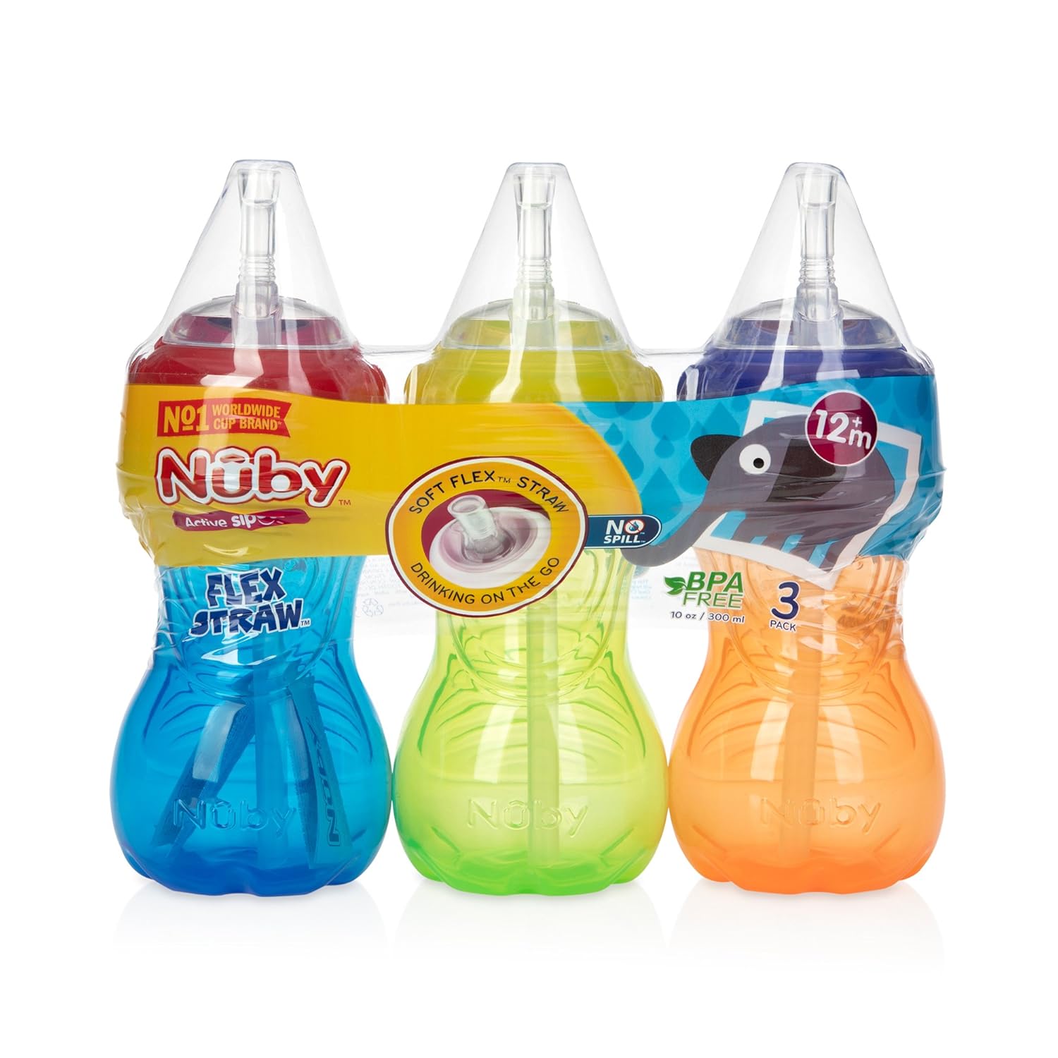Nuby 3 Piece No-Spill Cup with Flex Straw, Neutral, 10 Ounce : Baby