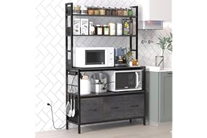 NAIYUFA Kitchen Bakers Rack with Power Outlet,5-Tier Free Standing Kitchen Storage Shelf Bakers Rack with Baskets,Industrial Microwave Oven Stand,Metal Kitchen Rack Organizer with Hooks(Black)