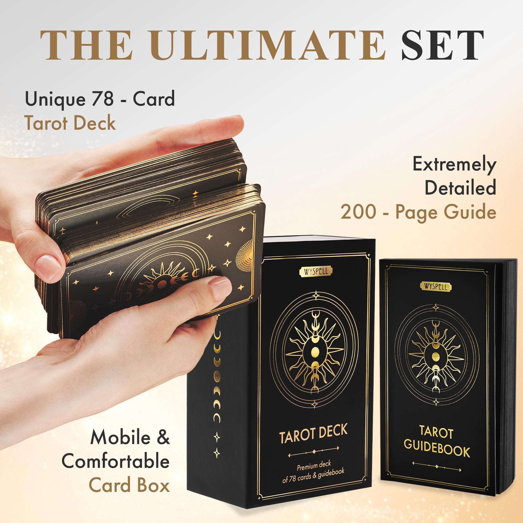 Wyspell Classic Tarot Cards with Guide Book - 78 Gold Cards for Beginners - Black Tarot Decks with Guidebook - Original Cards Deck with Guidebook