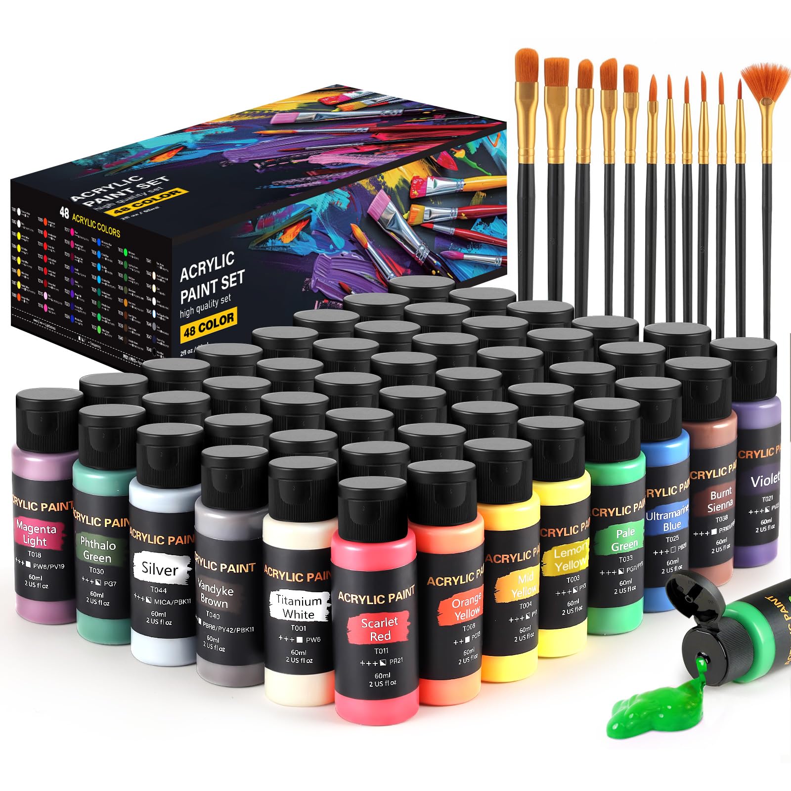 Photo 1 of Acrylic Paint Set, 48 Colors (2 oz/Bottle) with 12 Art Brushes, Art Supplies for Painting Canvas, Wood, Ceramic & Fabric, Rich Pigments Lasting Quality for Beginners, Students & Professional Artist
