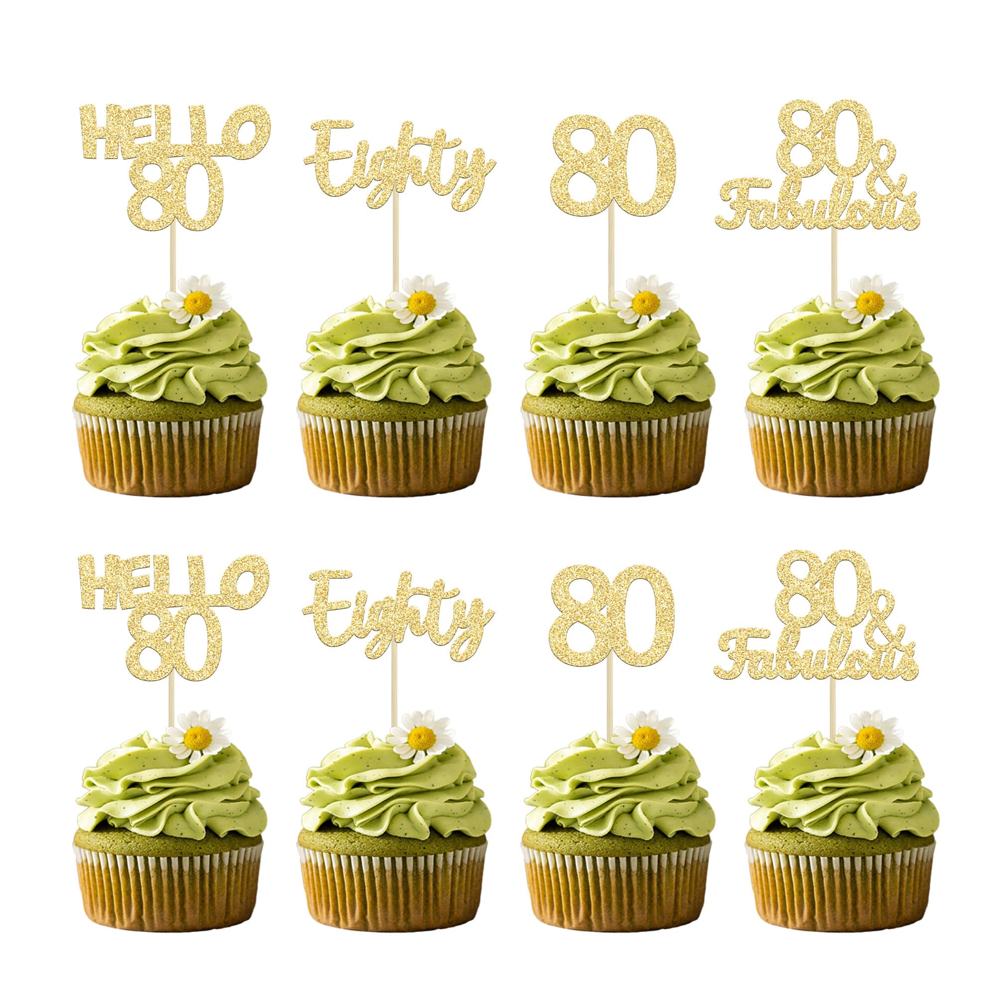 Gyufise 24Pcs 80th Birthday Cupcake Toppers Gold Glitter Hello 80 Cake Topper Eighty 80 & Fabulous Cupcake Picks 80th Birthday Cake Decorations Supplies