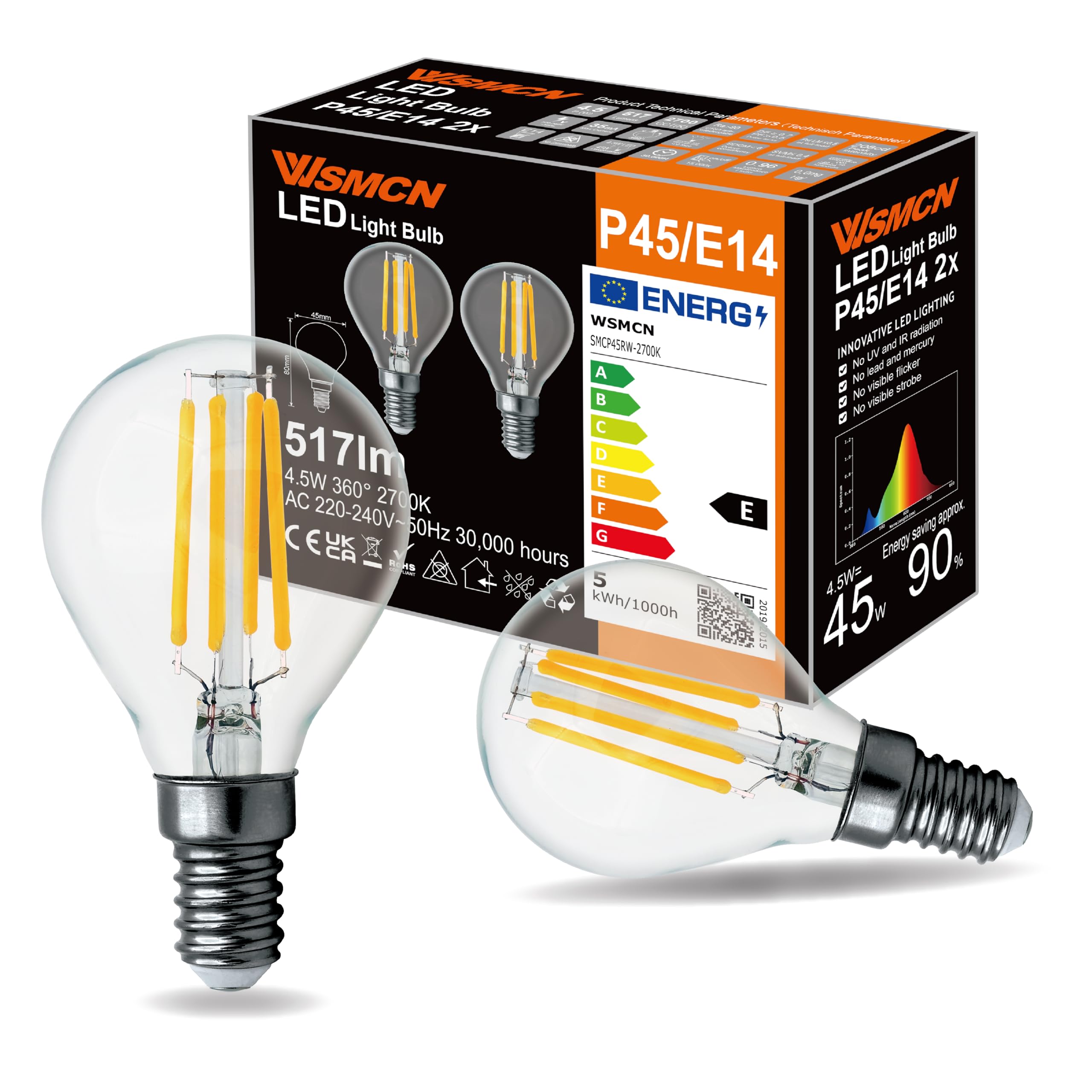 WSMCN E14 LED Light Bulb, Small Screw Bulb Warm White 2700K 517LM, SES Golf Ball Bulb, 4.5W LED 45W P45 Incandescent Bulb Equivalent, Non-Dimmable, Clear Glass Bulb in Filament Style, Pack of 2