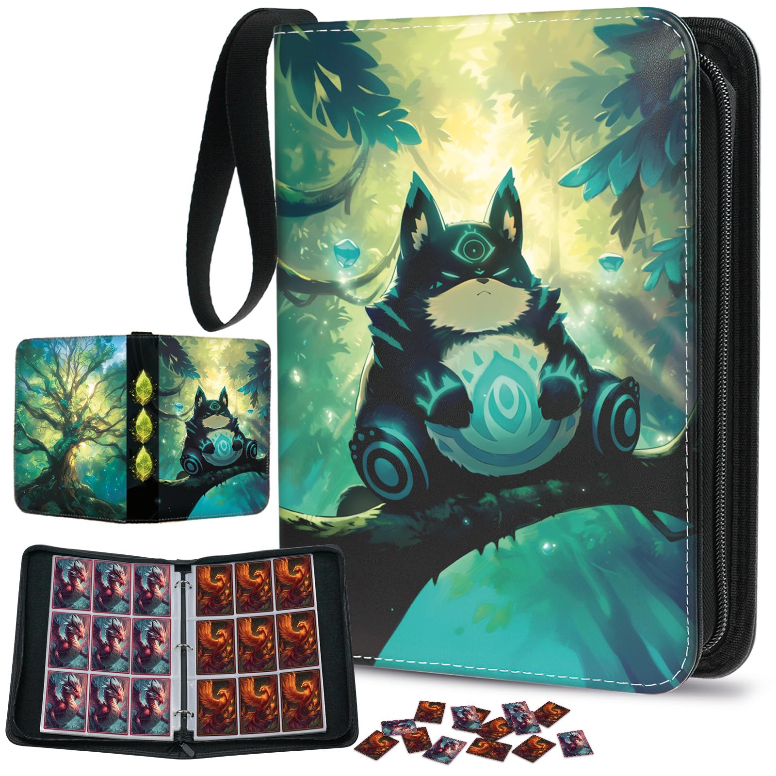 Trading Card Binder 9-Pocket Holds 900 Cards with 50 Removable Sleeves, Zipper PU Leather Collector Album Portable Card Holder with Wrist Strap, Gift for Boys Girls Kids Friends (Sylvan Guardian)