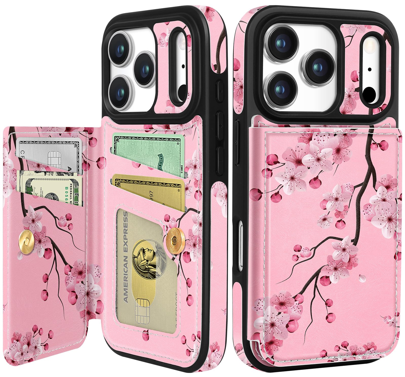 Shorogyt Compatible with iPhone 17 Pro Max Wallet Case with Card Holder - Cute Peach Blossom Design Kickstand for Magnetic Clasp Back Flip Folio Leather Phone Covers for Women Men Girls