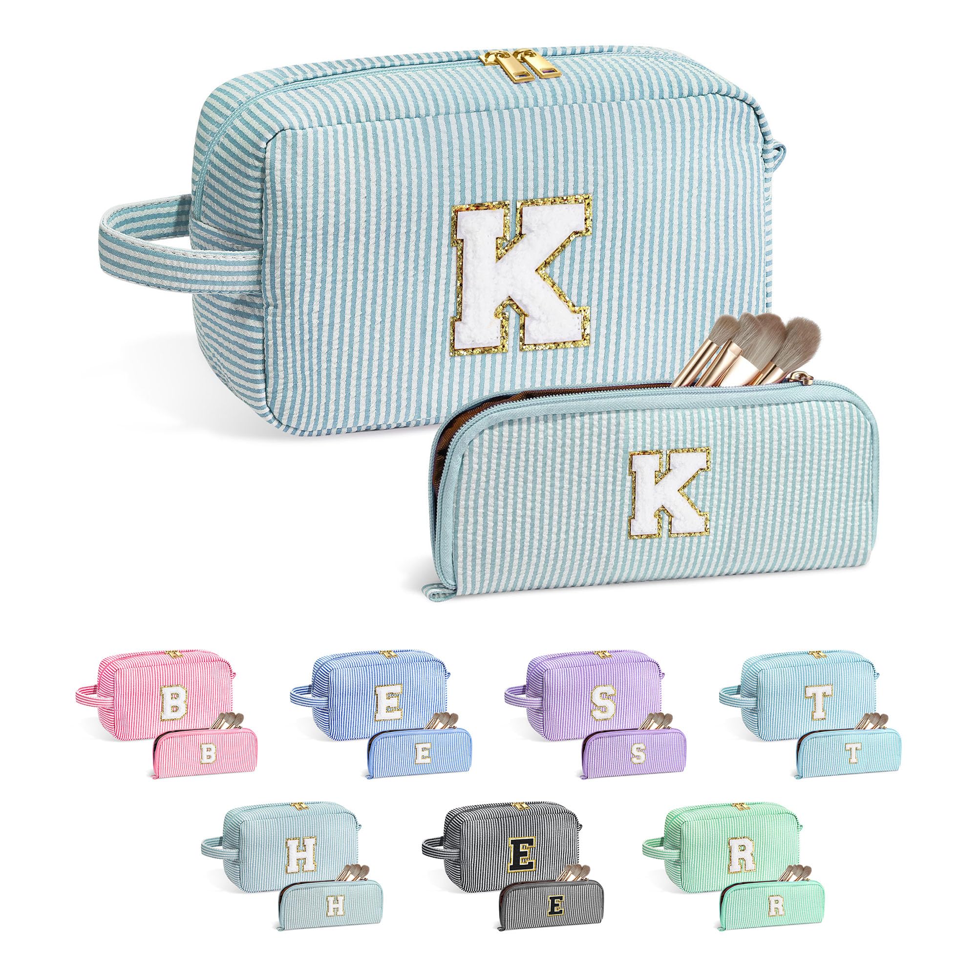 Photo 1 of YOOLIFE Monogram Makeup Bag - Cute Initial Green Cosmetic Toiletry Pouch for Women, Her, Best Friend, Sister, Teacher - Personalized Birthday Gift K