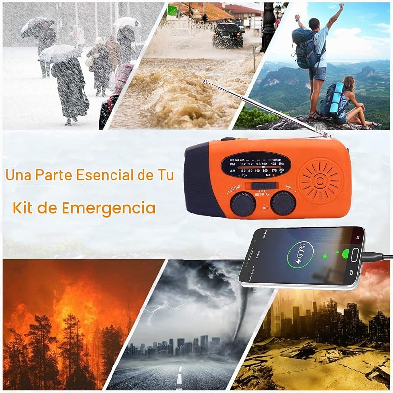 Radio Solar, Radio de manivela portátil Dynamo Radiocon Am/FM, con Linterna LED 2000mAh Recargable de Cuerda para Emergencia, Cargador de teléfono móvil USB para Acampar al Aire 2000 Mah