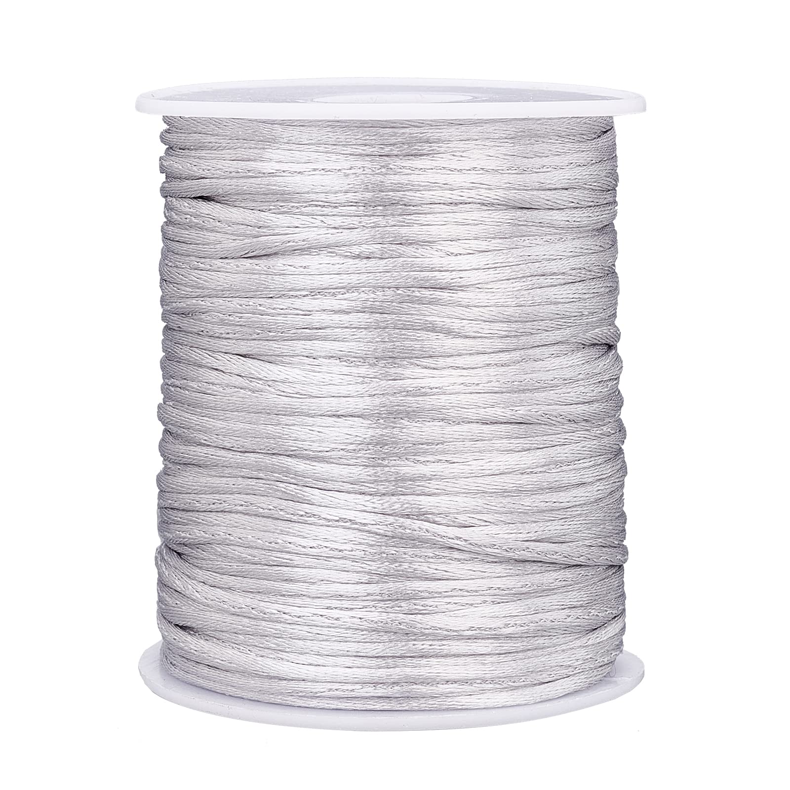PH PandaHall 100m/106 Yards Rattail Satin Cord, 2mm Silver Silk Crafts Cords Christmas Beading String for Necklace Macrame Friendship Bracelet Chinese Knot Dream Catchers Braid Hair