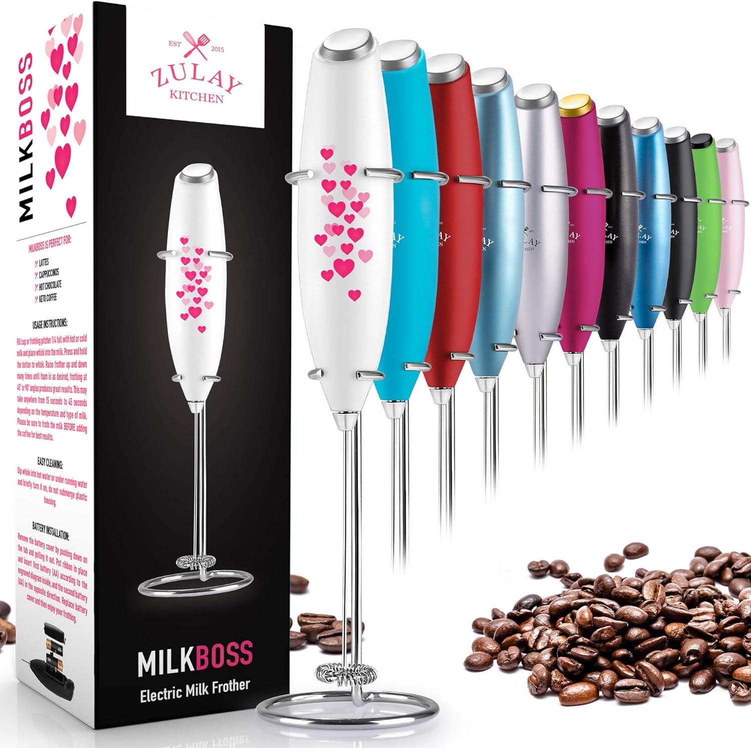 Zulay Milk Frother Handheld Foam Maker for Lattes - Great Electric Whisk Drink Mixer for Bulletproof® Coffee, Mini Blender and Foamer Perfect for Cappuccino, Frappe, Matcha, Hot Chocolate, Classic Milk Boss - Hearts