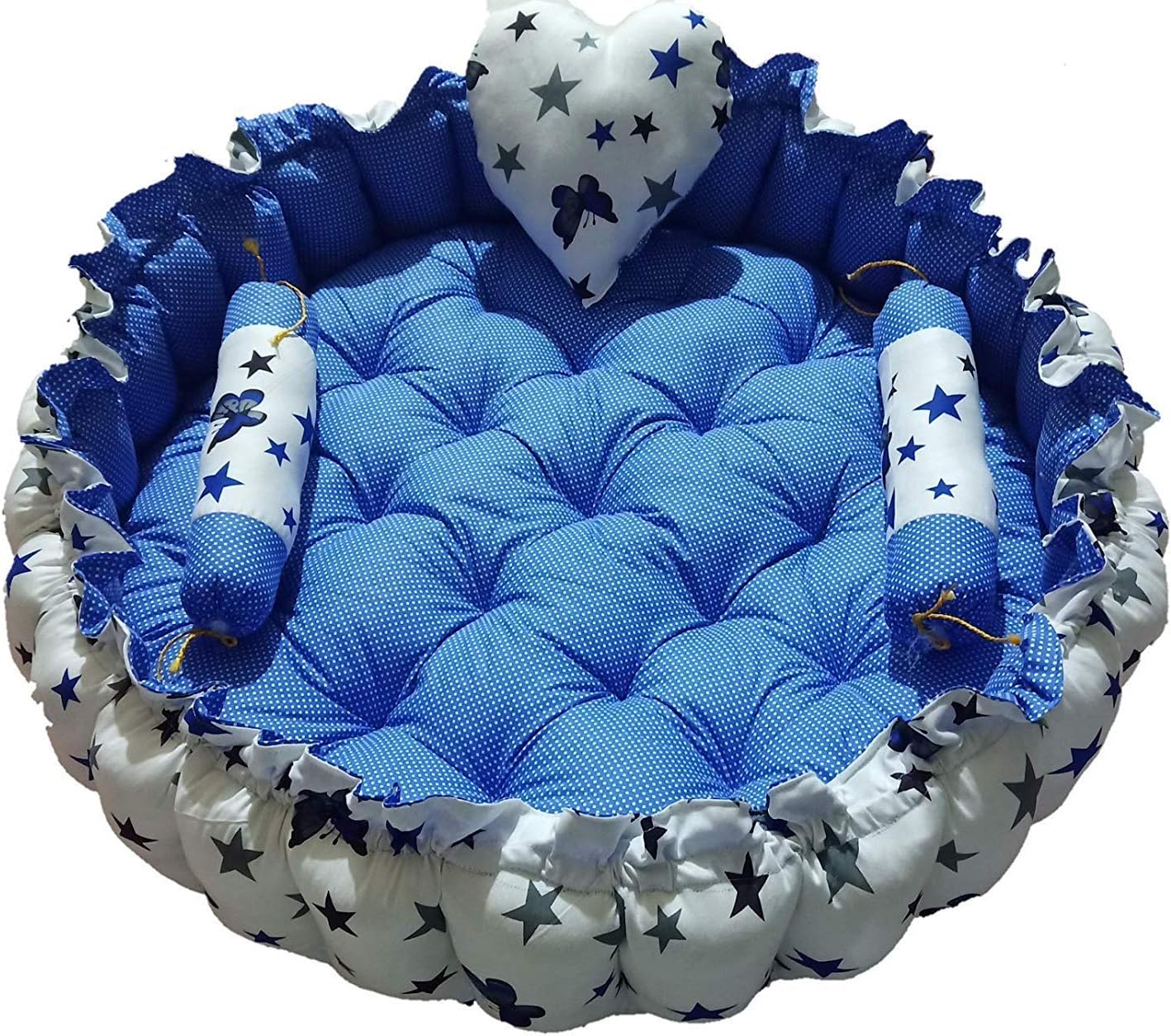 MR WorldShop Baby TUB Bed Round (4 in 1 uses) with 6 Pillows Set for Heart Shaped, Star Shaped, 2 Cylindrical Shaped, Crown Shaped Pillows with Different Colours (Blue & White)