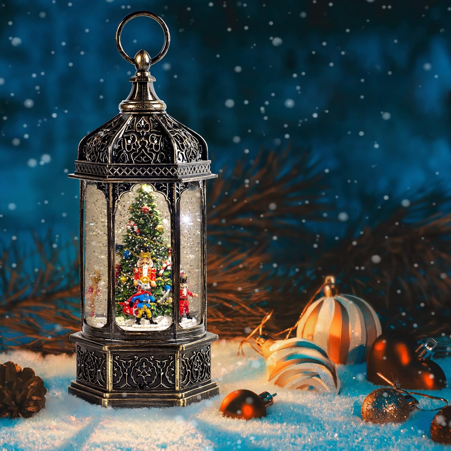 Snow Globes - 12.75'' Musical Christmas Snow Globe Lantern, The Sugar Plum Fairy, King Rat, Nutcracker and Clara, Will Rotate Around The Christmas Tree, Battery & USB Powered Light for Home Decoration