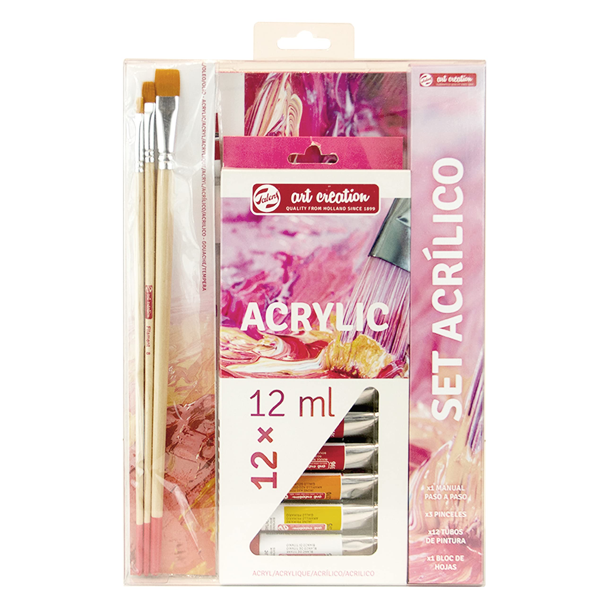 Talens Art Creation Acrylic set 12 tubes 12 ml, paper pad A4, brushes, manual step by step