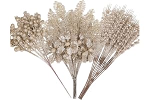 Alupssuc 24 Pcs 3 Styles Glitter Christmas Tree Picks and Holly Berry Stems Christmas Decorations Set, Poinsettia Flowers Artificial for Xmas Tree Ornaments or Party Wreath Fireplace, Champagne Gold