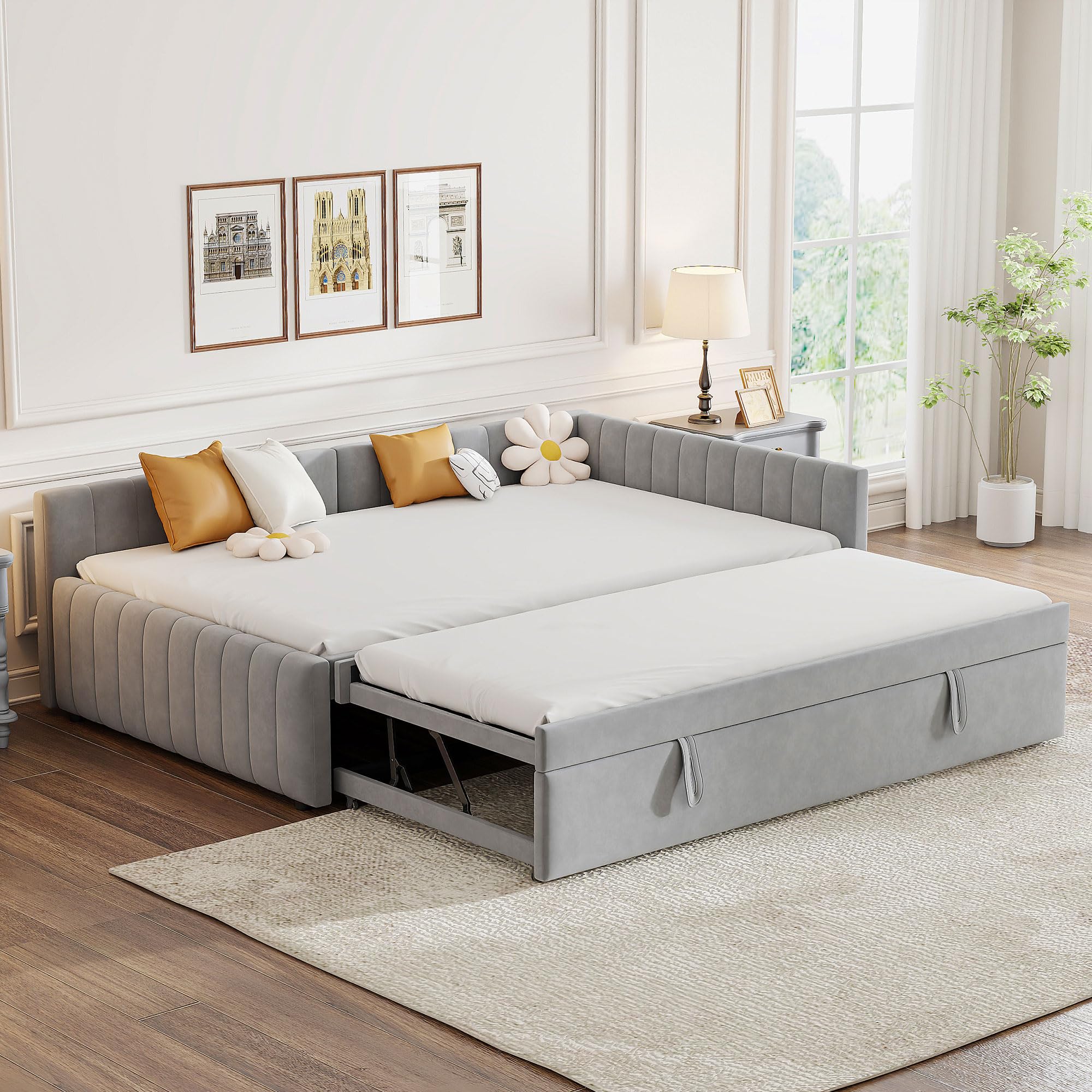 Photo 1 of *PARTIAL SET - Box 1 Of 2*
DNYN Full Size Upholstered Daybed with Trundle(Twin) for Kids,Adults,Solid Wood Bedframe w/Pop Up Design,Easy Assembly & Super Save Space & No Box Spring Needed, Gray