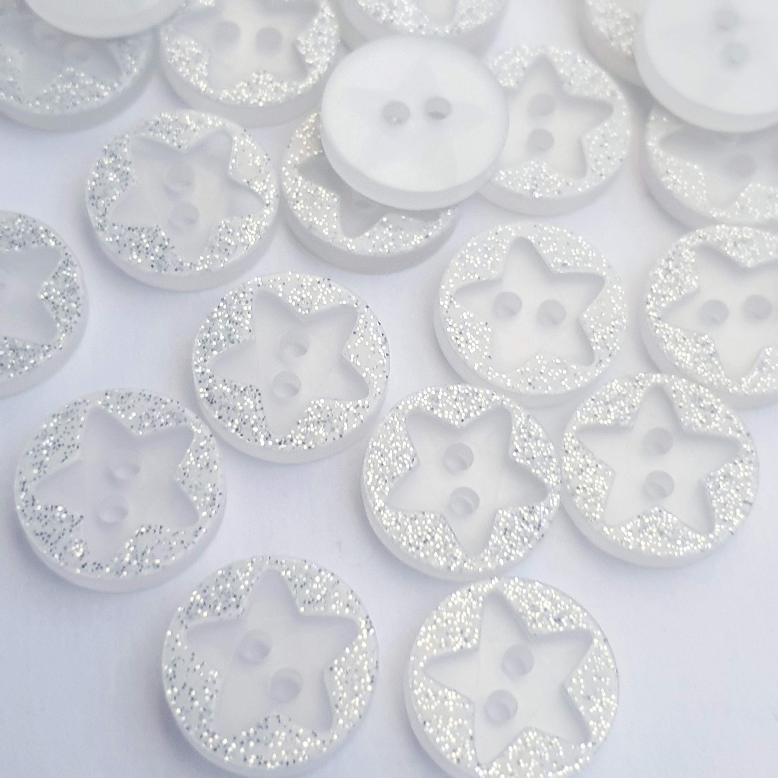 MajorCrafts® 40pcs 12.5mm White Glittered 'Star Engraved' 2 holes Round Sewing Resin Buttons Craft Embellishments