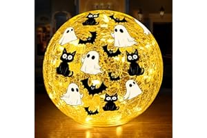 Yinhua 5.9" Halloween Decorations Indoor Ghost Decor Black Cat Bat Globe Light with Timer Crackle Glass Ball Light for Table Lighted Decorative Ball Globe Lamp Tabletop Led Lamp Decor Gift