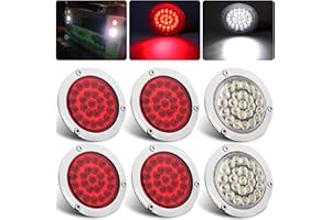 PARTSWCGG 6Pcs 4 Inch Round Led Trailer Tail Lights Kit, 4 Red + 2 White 4" Round Led Stop Turn Tail Back-up Reverse Lights 24 LED Flange Mount for Truck Trailer RV Camper Tail Lights w/Chrome Plastic Bezels
