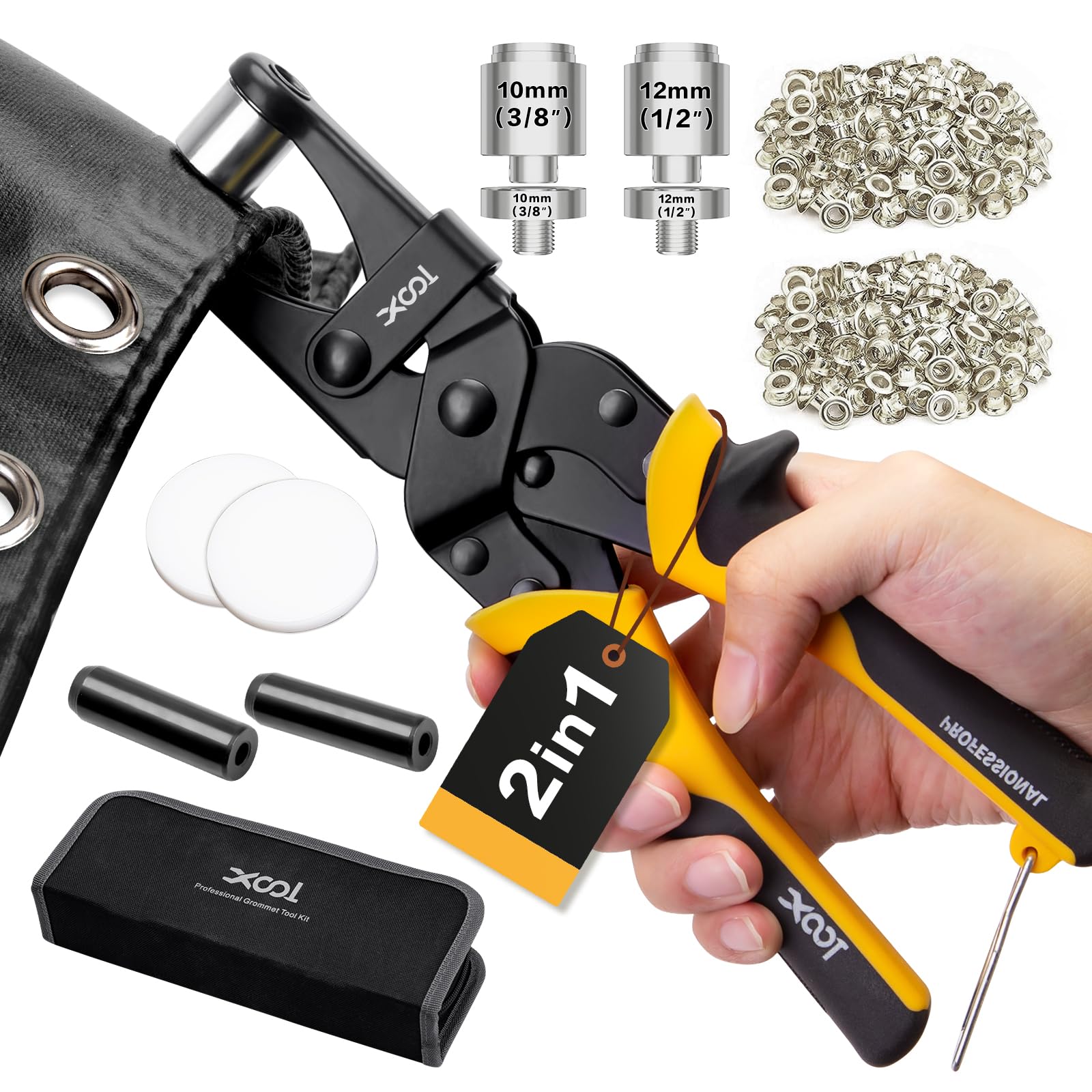 View 1 of ****SIMILAR ITEM****
XOOL 2-in-1 Grommet Tool Kit, 1/2" & 3/8" 12mm&10mm Twist-Change Heads, Leathercraft Punching Tool with Magnetic System for Canvas, Leather, Tarps, DIY - 400PCS Grommets & Washers Included